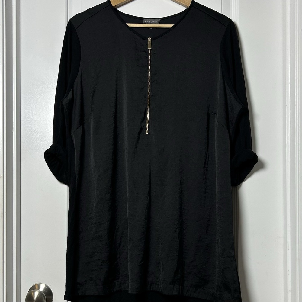 Vince Camuto Black Half-Zip Gold Hardware Sleek Tunic Blouse Office‎ Siren Style